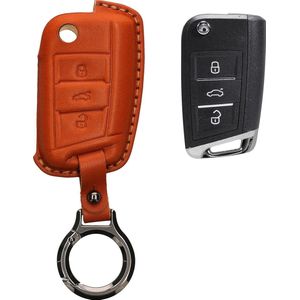 kwmobile leren autosleutel hoesje geschikt voor VW Golf 7 MK7 3-knops autosleutel - Als sleutelhanger met sleutelring - Echt leer in bruin