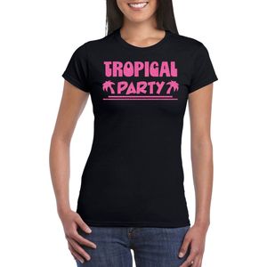 Toppers - Bellatio Decorations Tropical party T-shirt dames - met glitters - zwart/roze -carnaval/themafeest XS