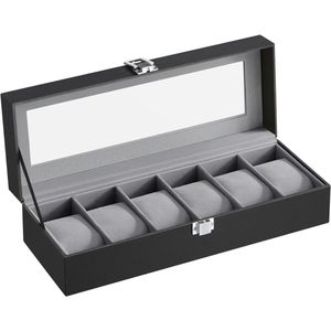 Horlogedoos 6 horloges, horlogedoos met glazen deksel, fluwelen horlogekussen, horlogekast met slot - 30 x 11,2 x 8 cm, PU-deksel in zwart, fluwelen voering in grijs - JWB06BK