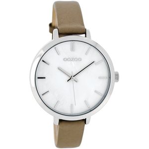 OOZOO Timepieces - Zilverkleurige horloge met taupe leren band - C8357