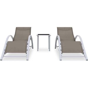 vidaXL Ligbedden 2 st met tafel aluminium taupe Loungeset - Tuinset - Lounge Stoel - Ligbed - Buitentijd - Relaxen - Tuinfeest