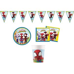 Spidey & Friends - Spiderman - Feestpakket - Kinderfeest - Voordeelpakket - Bekers - Bordjes - Servetten - Vlaggenlijn.