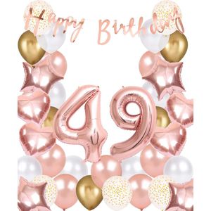 Snoes Ballonnen 49 Jaar Rose Gold White Dots - Compleet Feestpakket met cijfer ballon 49 jaar - Verjaardag Versiering Slinger Happy Birthday – Folieballon – Latex Ballonnen - Helium Ballonnen - Rose Feestpakket