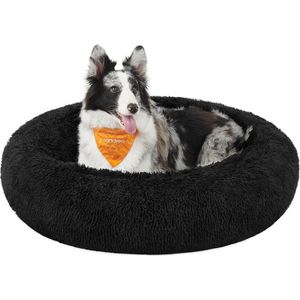 hondenmand, rond donutvormig bed, bank, afneembaar en wasbaar centraal kussen, zachte pluche stof, Ø100 cm, inktzwart