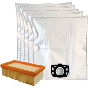 Stofzuigerzakken (5) en HEPA vlakfilter voor Kärcher stofzuigers | Geschikt voor Kärcher WD4, WD5, WD6, MV4, MV6 serie | Set met alternatieve stofzakken 2.863-006.0 & HEPA filter 2.863-005.0 | Multaparts® huismerk