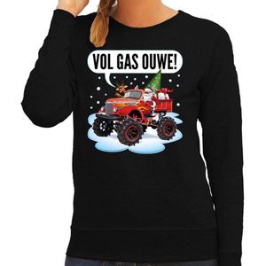 Foute Kersttrui / sweater - Santa op monstertruck / truck - vol gas ouwe - zwart voor dames - kerstkleding / kerst outfit S