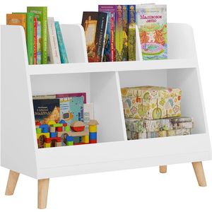 Kinderboekenkast en speelgoedrek – 5 open vakken op 2 niveaus, wit, 4 grenen poten, 82 x 35 x 70 cm