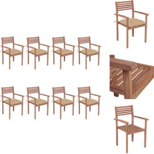 vidaXL Stapelbare Houten Tuinstoelen - Set van 8 - Teakhout - Beige Kussen - 56x51x90 cm - Trendy Design - Tuinstoel