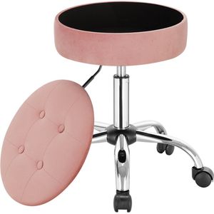Velvet werkkruk Deluxe - Op wielen - Kapperskruk - Roze - Zadelkruk - Tabouret draaikruk - Zonder rugleuning - Ergonomisch -