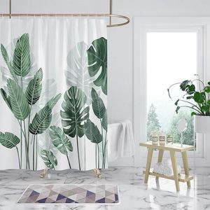 Douchegordijn, 120 x 180 cm, schimmelwerend, groene bladeren, planten, waterafstotend, badgordijn van polyester, wasbaar, badgordijn met 12 douchegordijnringen