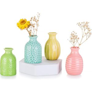 Mini keramische bloemenvaas: moderne kleine vaas set van 4 knopvazen voor bloemen voor thuis, woonkamer, tafeldecoratie, bruiloftsfeest, 7,5 cm (blauw/groen/geel/roze)