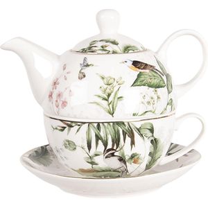 Clayre & Eef Tea for One 460 ml Wit Groen Porselein Vogels Theepot set