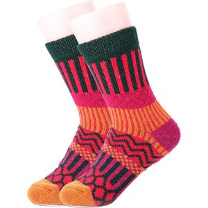 Warme Winter Sokken Dames - maat 37-39 - Vintage Noors design roze/groen/oranje - Huissokken