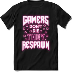 Gamers don't die T-shirt | Neon Roze | Gaming kleding | Grappig game verjaardag cadeau shirt Heren – Dames – Unisex | - Zwart - S