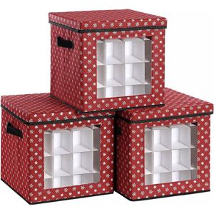 In And OutdoorMatch Opbergdozen Kaleigh - set van 3 - opvouwbare dozen - voor kerstversiering - elk 64 kleine vakken - flexibele verdelers - 30,5x30,5x30,5cm - rood