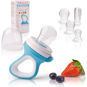 Fruit Speen Baby & Peuter + 3 Siliconen spenen in 3 maten + 1 Baby Tandenborstel Gratis - Bijthulp Baby Fopspeen Speen Fruit Speen Plantaardige Pap Babyvoeding (Blauw/Wit)