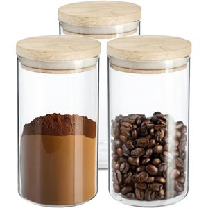 3x stuks voorraadbussen/voorraadpotten 1L glas met houten deksel - 1000 ml - Voorraadpotten met luchtdichte deksel