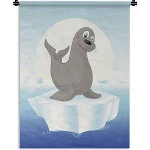 Wandkleed Zeeleeuw illustratie - Een illustratie van een zeeleeuw op een ijsschots voor een ijzig landschap Wandkleed katoen 120x160 cm - Wandtapijt met foto XXL / Groot formaat!
