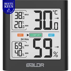 BALDR® Hygrometer - Thermometer - Luchtvochtigheidsmeter - Digitaal Weerstation - Voor binnen - Zwart