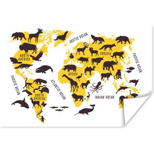 Poster - Wereldkaart - Geel - Dieren - 120x80 cm