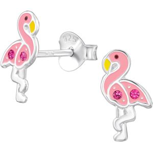 Joy|S - Zilveren flamingo oorbellen - 6 x 10.5 mm - roze - kristal - kinderoorbellen - vogel