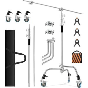 C-Stand met Verstelbare Lichtstatief – 3,3m Hoogte – Inclusief 1,2m Verlengarm – 3 Wielen – 2 Klemmen – Draagtas – Voor Studiofotografie, Reflector, Softbox, Enkelvoudige Verlichting