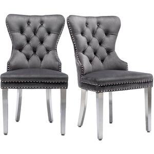 Merax Luxe Eetkamerstoelen Set van 2 – Fluwelen Stoelen met Metalen Poten – Stijlvol Design met Handgreep en Nagelkopdetails – Grijs