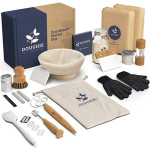 Doughie Zuurdesem Starter Set Deluxe - Met Ronde Rijsmand 25 CM - Alle Bakbenodigdheden - Actieve Zuurdesem Starter - 1kg Tarwebloem - 1kg Roggebloem - Keltisch Zeezout en Molen