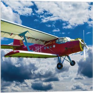 WallClassics - Vlag - Rood/Geel Vliegtuig in Wolkenvelden - 50x50 cm Foto op Polyester Vlag