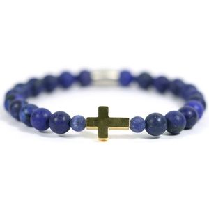 Heren armband Goud RVS kruis edelsteen Lapis Azul - IbizaMen - 21cm