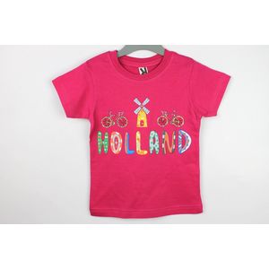 Kinder t-shirt roze Holland molen en fiets | Maat 152
