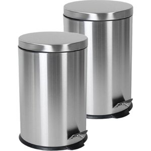 2x stuks RVS prullenbakken/pedaalemmers met 5 liter inhoud - badkamer/toilet/keuken - Zilver - Formaat 28 x 20 cm