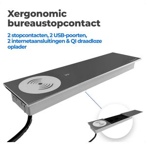 Xergonomic bureau stopcontact – bureau stekkerdoos met 2 stopcontacten, 2 USB-poorten, 2 internetaansluitingen en QI draadloze oplader – Inbouw contactdoos voor meubilair – Stevige en moderne inbouwstekkerblok – B35xL10xH3.5cm - Zilver