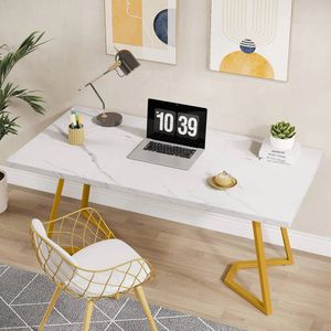 Computerbureau met Wit Marmerlook Tafelblad en Gouden Frame – Elegant Bureau voor Werken, Studeren of Thuiswerken | Industrialhome