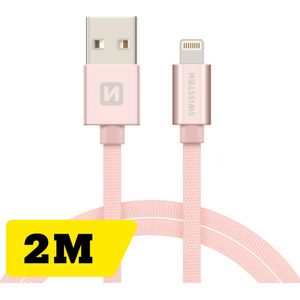 Swissten Lightning naar USB MFI Gecertificeerd kabel - 2M - Gevlochten kabel geschikt voor iPhone 7/8/X/11/12/13/14 - Roze