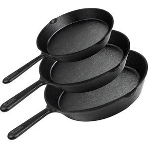 KICHLY Set van 3 gietijzeren pannen, 25 cm, 20 cm en 15 cm, steakpan, grillbraadpan, multifunctionele braadpan, pannenset - robuuste braadpannen voor huishoudelijk gebruik en buiten