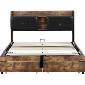 Merax Metalen Bed 160x200 cm - Hydraulisch Tweepersoonsbed met Opbergruimte in Hoofdbord - Bedframe met Lattenbodem - Zwart en Houtkleur