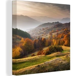 Canvas - Landschap - Herfst - Bomen - Heuvels - Woonkamer - 50x50 cm - Muurdecoratie - Canvasdoek