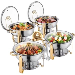 Chafing Dish - Warmhoudplaat - Buffetwarmer Set - Rechaud - Buffet Warmhoudpannen - met Glazen Deksel - voor Feesten & Banketten - Set van 4 - Goud