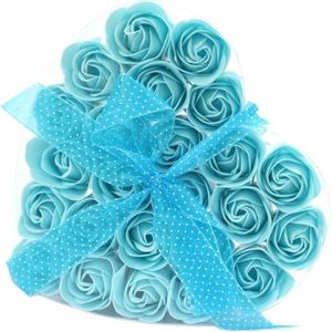 Zeep Bloemen - Blauwe Rozen - 24 stuks - Hartvormige Cadeauverpakking
