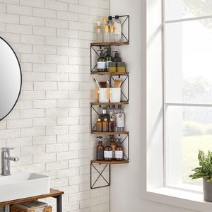 Hoekplank, wandplank, 5 niveaus, boekenkast, eenvoudige montage, voor slaapkamer, woonkamer, studeerkamer, badkamer, vintage bruin-zwart LLS851B01
