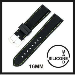 16mm Rubber Siliconen horlogeband Zwart met Groene stiksels passend op o.a Casio Seiko Citizen en alle andere merken - 16 mm Bandje - Horlogebandje horlogeband