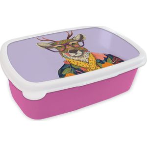 Broodtrommel Roze - Lunchbox - Brooddoos - Hert - Dieren - Bloemen - Bril - Hippie - 18x12x6 cm - Kinderen - Meisje