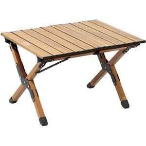Campingtafel, middelhoog, volledig van aluminium met houtprint, oprolbaar blad, lichtgewicht en compact, 2-persoons