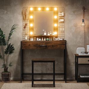 The Olive Tree Make-up Vanity Bureauset met LED-verlichting en spiegel, 33"" W Make-uptafel met lade en laadstation, kaptafel met kruk voor slaapkamer, rustiek bruin