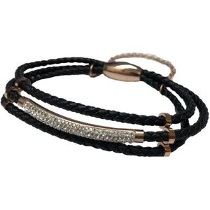 Silventi 980101961 Lederen armband met metalen - zirkonia - Zwart - gevlochten - rosegoudkleurig