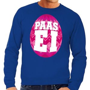 Blauwe Paas sweater met roze paasei - Pasen trui voor heren - Pasen kleding XXL