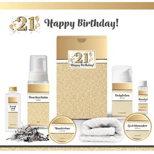 Geschenkset “21 Jaar Happy Birthday!” - 7 producten - 650 gram | Giftset voor haar - Luxe wellness cadeaubox - Cadeau vrouw - Gefeliciteerd - Set Verjaardag - Geschenk jarige - Cadeaupakket - Vriendin - Zus - Verjaardagscadeau - Goud - 21 Dinner