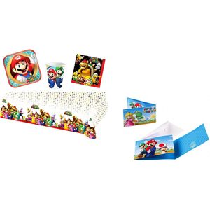 Super Mario - Feestpakket - Feestartikelen - Kinderfeest - 8 Kinderen - Tafelkleed - Bekers - Servetten - Bordjes - Uitnodigingen