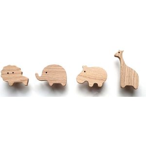 4 stuks - houten kapstok haken - dieren - kinderkamer - olifant - leeuw - nijlpaard - giraffe - Eiken